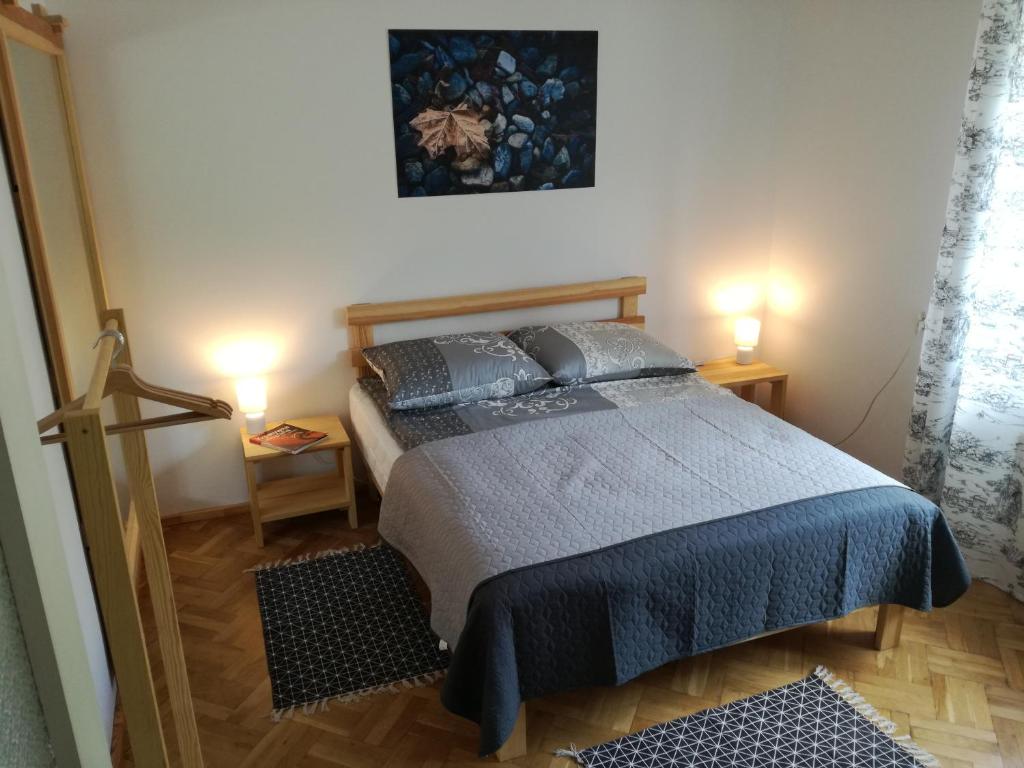 Cozy bedroom with blue bedding