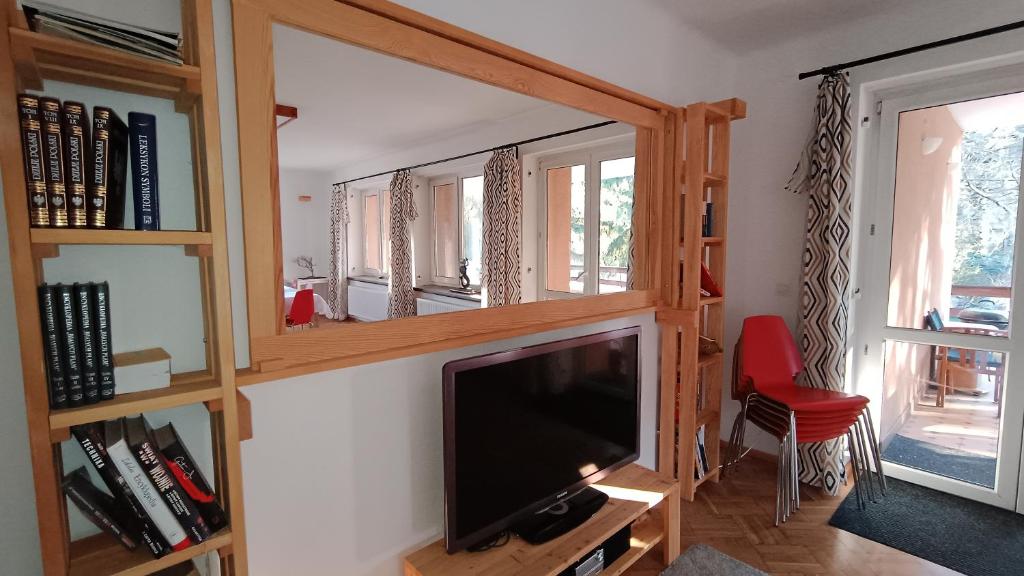 Living room with TV and bookshelf